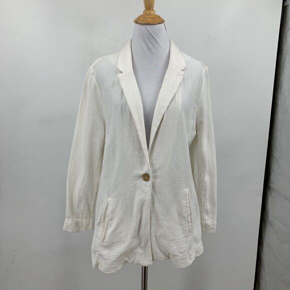 Free People Blazer Womens L Large White Cotton One Button Pockets Notch Collar - Picture 2 of 12